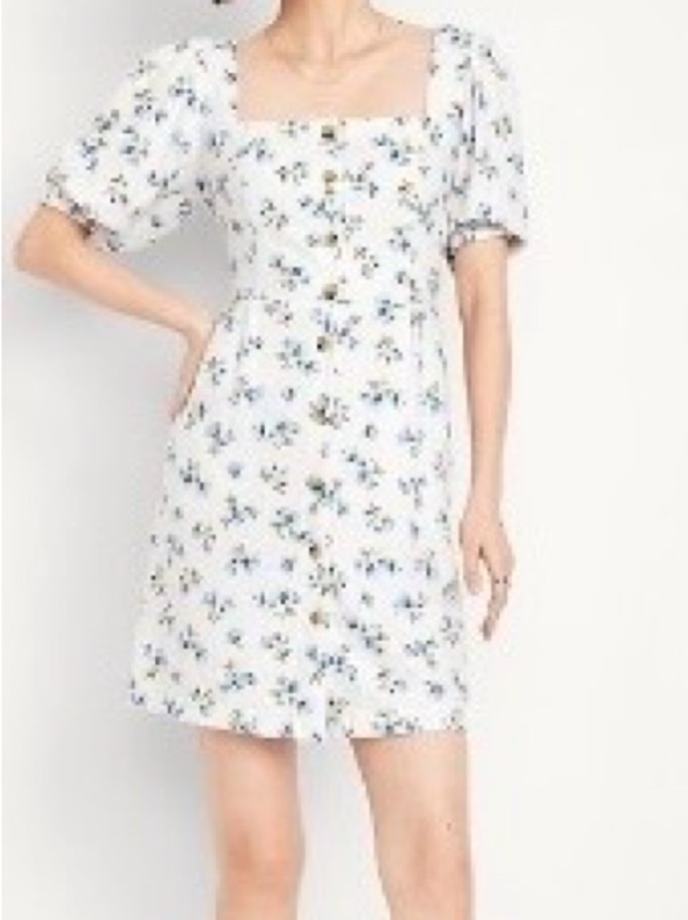 Women's Blue Floral Button-Front Puff Sleeve Dress - Linen NWT